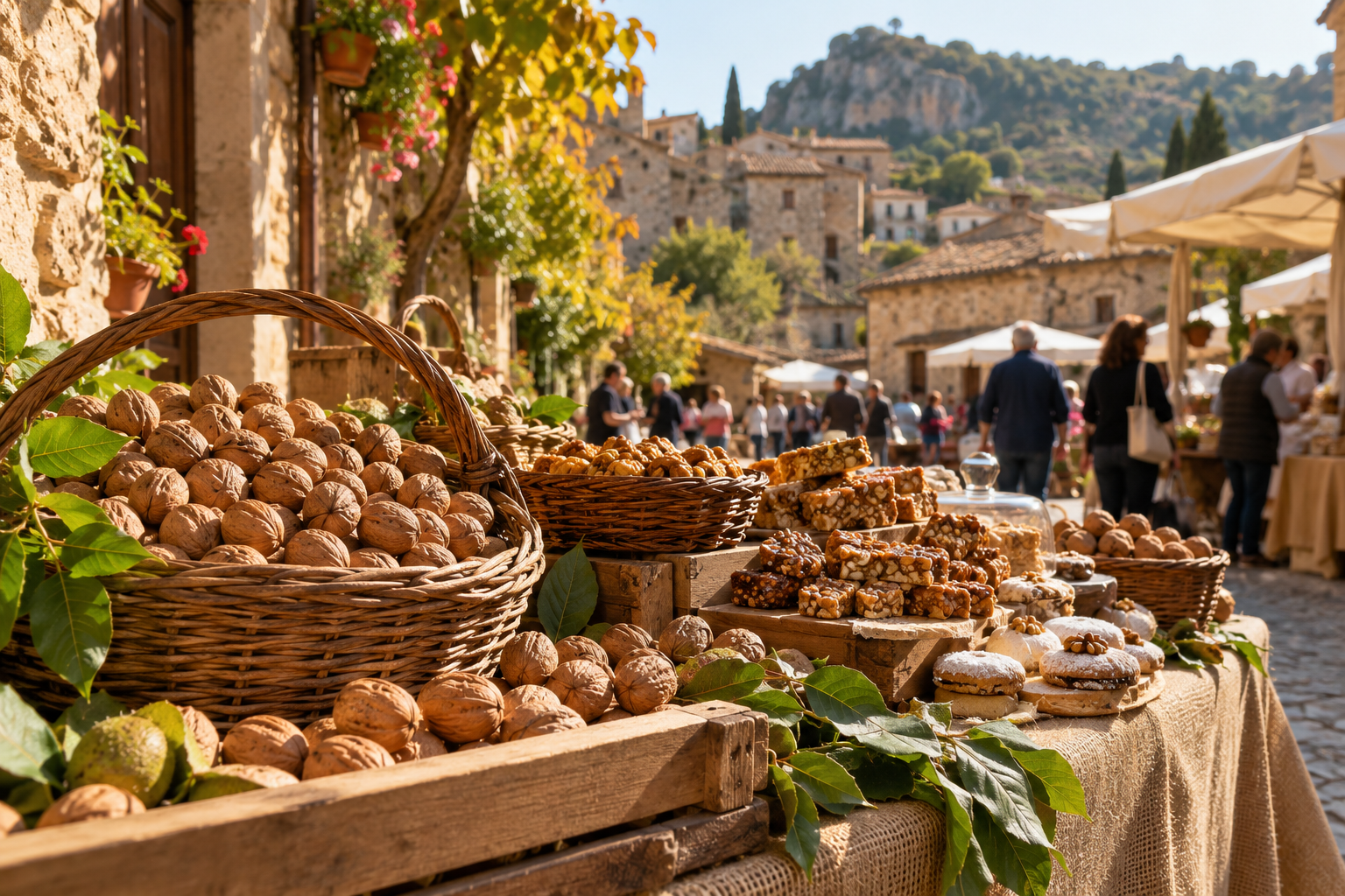 Immagine illustrativa di un mercato autunnale con noci e dolci siciliani