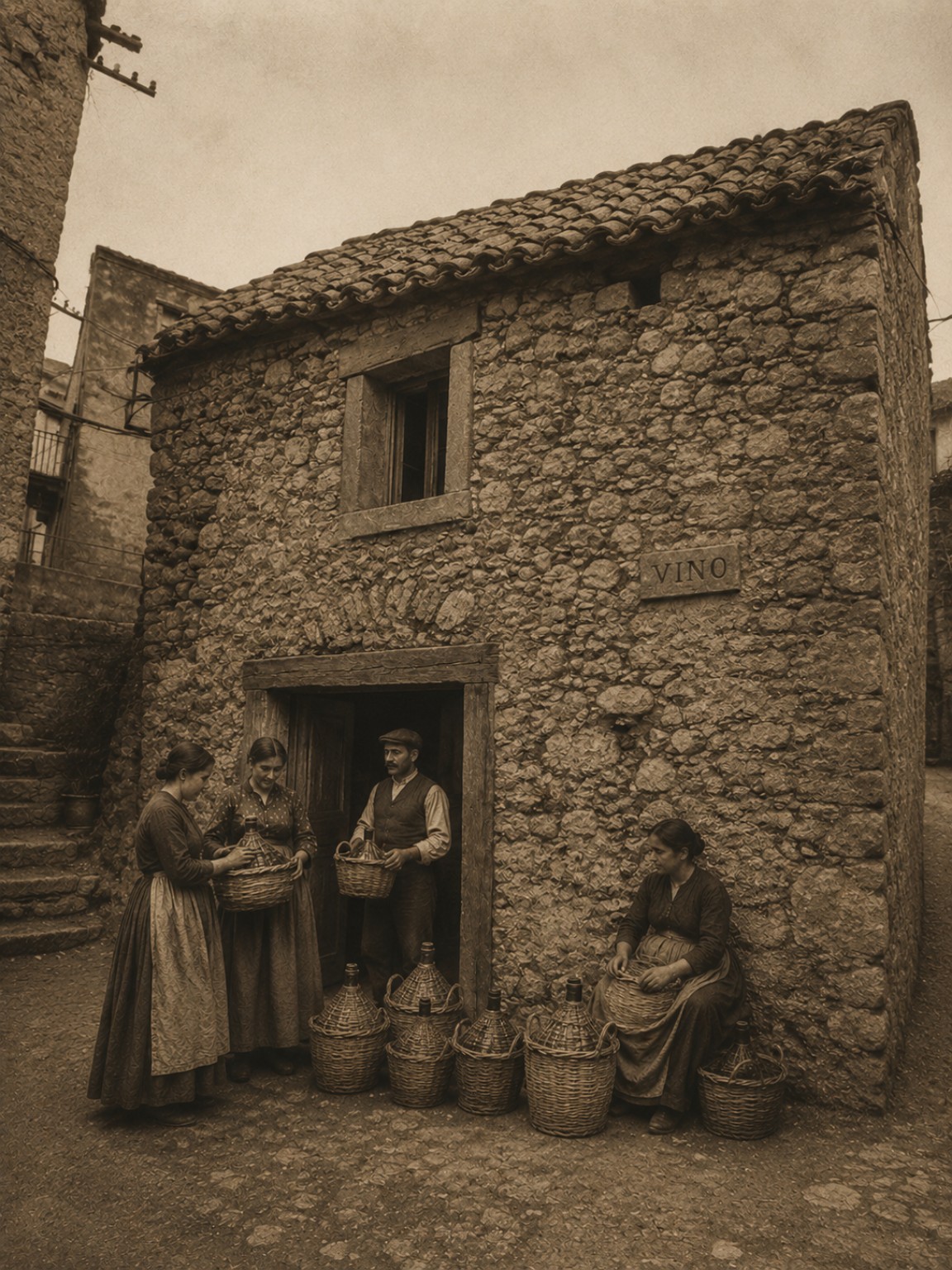 La bottega del vino e i mestieri del borgo: rappresentazione evocativa.